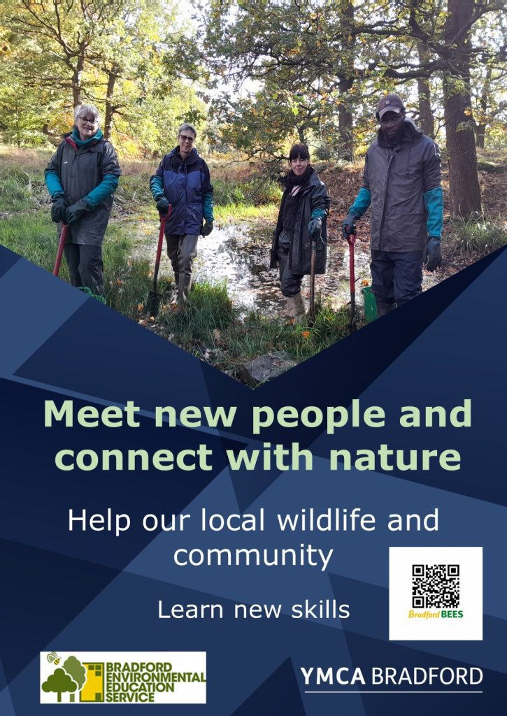 dark blue flyer for Conservation Volunteers.  4 adults with spades are posing for a photograph in woodland